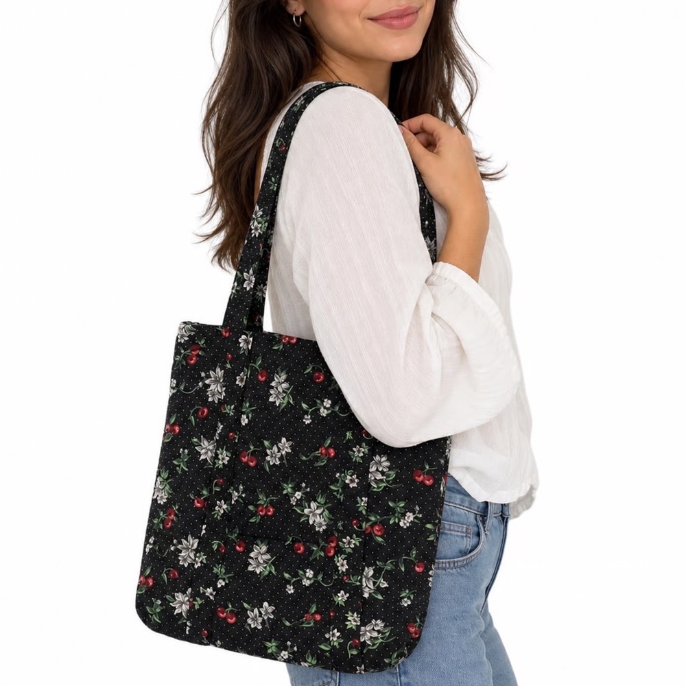 Unbranded Tote Bag Womens OS Quilted Cherry Floral Polka Dot Black Fruit